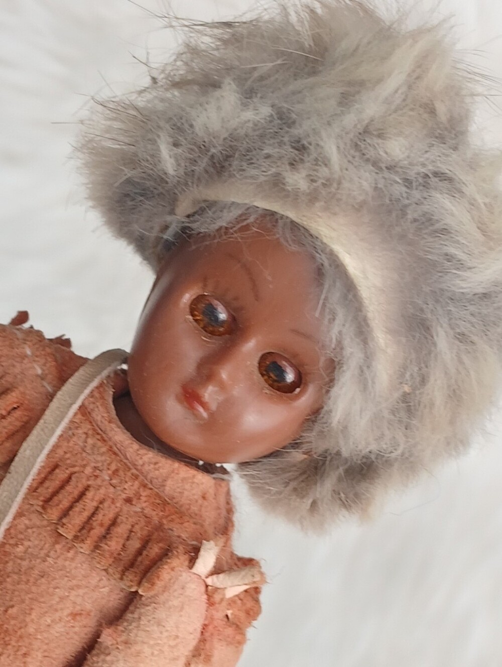 Vintage Doll Native American wearing Leather Sleepy Eyes Eyed Medicine Pouch vtg